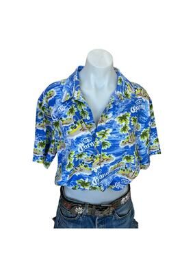 Hawaiian Shirt Button Down Crop Top One Size Boxy Corona Beer Tropical Unique
